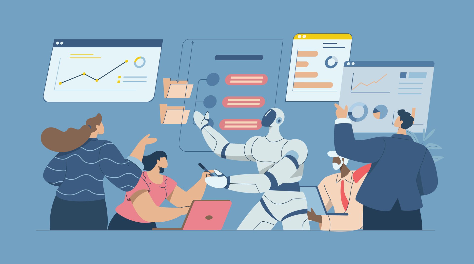Business-data-analysis-working-with-artificial-intelligence-ai-support-business-team-people-jointly-analyzing-data-or-reviewing-business-document-reports-together-with-robots-design-free-vector