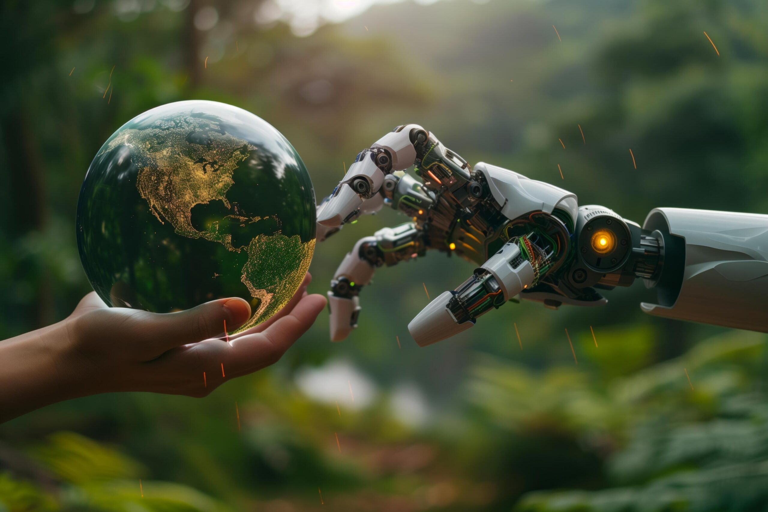 Human-hand-and-robot-hand-touching-a-globe-environmentally-sustainable-ai-concept-free-photo