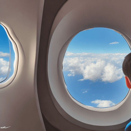Niño mirando las vistas a traves ventana avion. Foto vista desde atras niño tiene pelo rizado corto y pelirojo