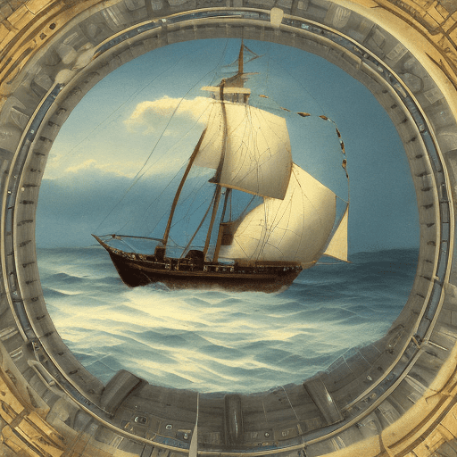 A boy sailing boat in ocean his hand on seven-spoked ship's wheel