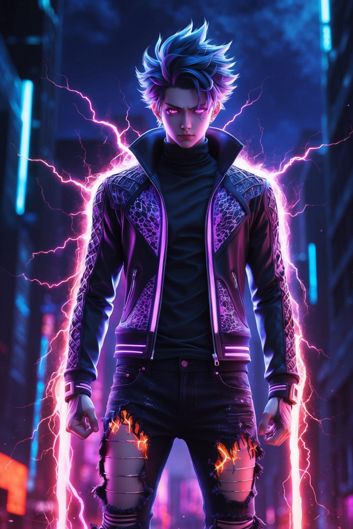 A breathtakingly detailed illustration of an anime-inspired male figure, radiant with an ultraviolet aura, set against a dark, neon-lit cityscape. The subject's skin has an ethereal, luminescent sheen, as if infused with an otherworldly energy. His outfit is a mesmerizing fusion of cyberpunk and gothic elements, featuring a black, high-collared jacket with intricate, glowing mesh patterns, paired with torn, ripped jeans that seem to be infused with lava-like, pulsing tendrils. His hair is styled in a dramatic, angular cut, with strands that appear to be alive, tinged with a vibrant, electric blue hue. The atmosphere is electric, with a sense of cosmic energy emanating from the character, as if he's about to unleash a burst of power. The colors are bold and vivid, with a focus on deep blues, purples, and pinks, contrasted with glowing oranges and yellows, all rendered in an ultra-high-resolution, photorealistic style.