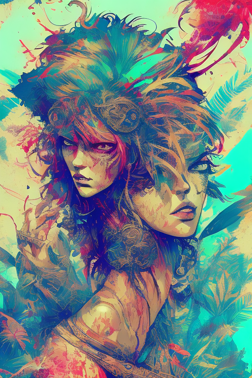 A female pirate| tropical island background| dynamic pose | centered| key visual| intricate| highly detailed| breathtaking beauty| precise lineart| vibrant| comprehensive cinematic| carne griffiths| conrad roset| anna dittmann