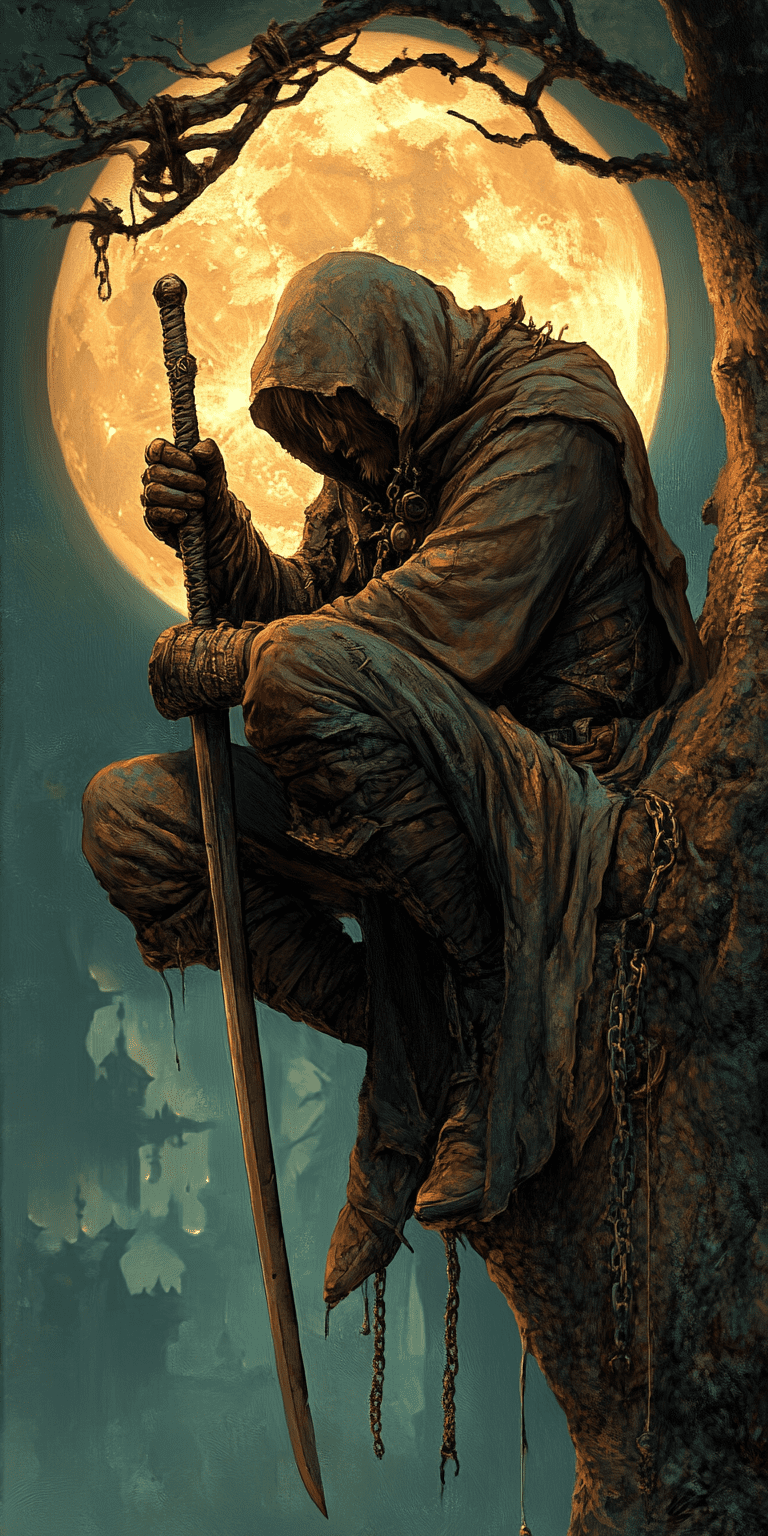 A hooded figure sits on the edge of an old tree, holding a sword in one hand, under a full moon, fantasy art, dark green color scheme, in the style of simon bisley. --ar 1:2 --personalize 2gwf1qc --stylize 750 --v 6. 1
