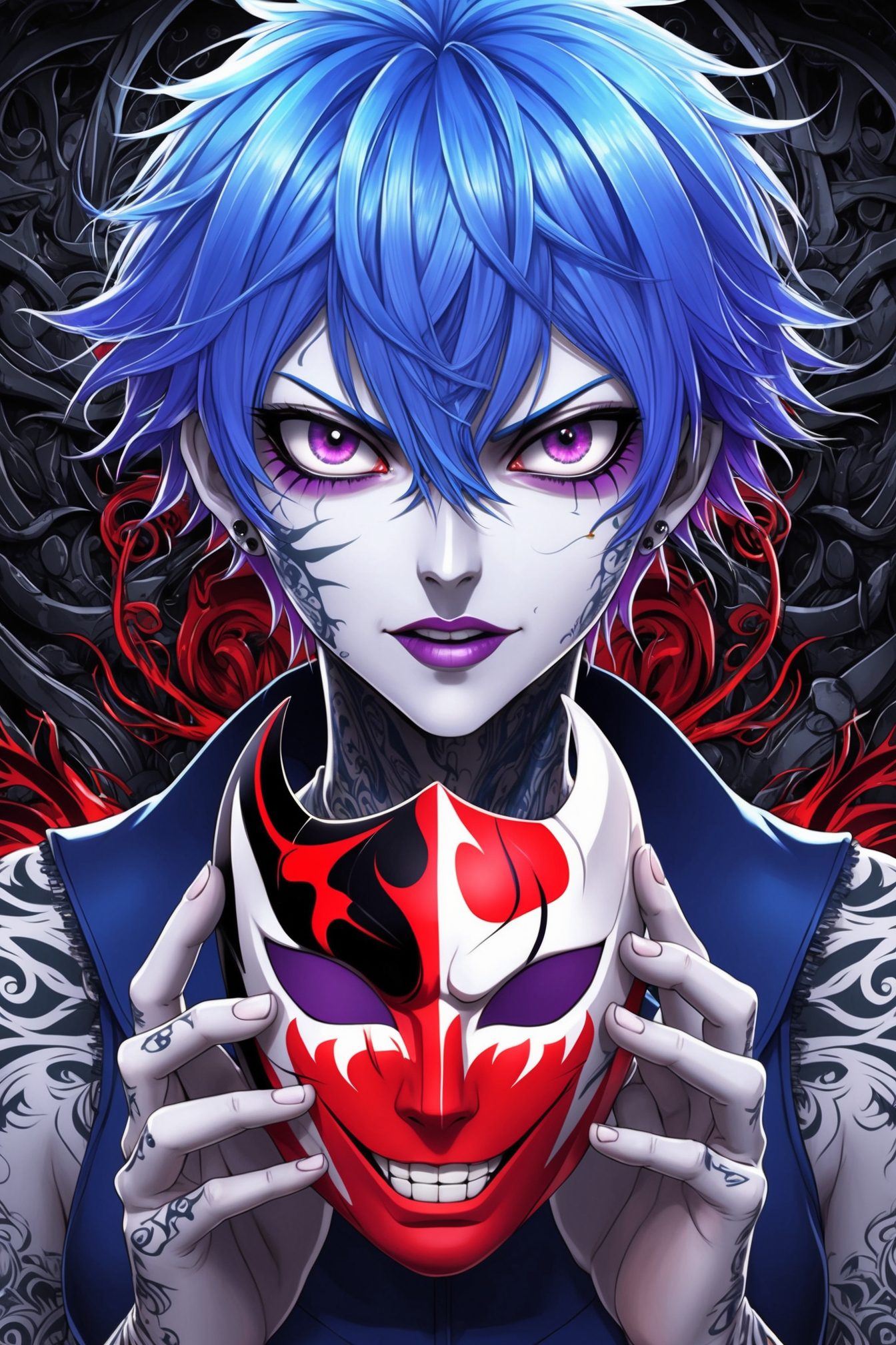Stylized, detailed anime illustration featuring a character with striking blue hair and intense purple eyes. The character's skin is pale, and they are adorned with intricate tattoos and markings. They hold a mask with a red and white demonic design, partially covering their face. The background is dark and complex, filled with swirling patterns and red accents, adding to the overall dramatic and mysterious atmosphere of the image.