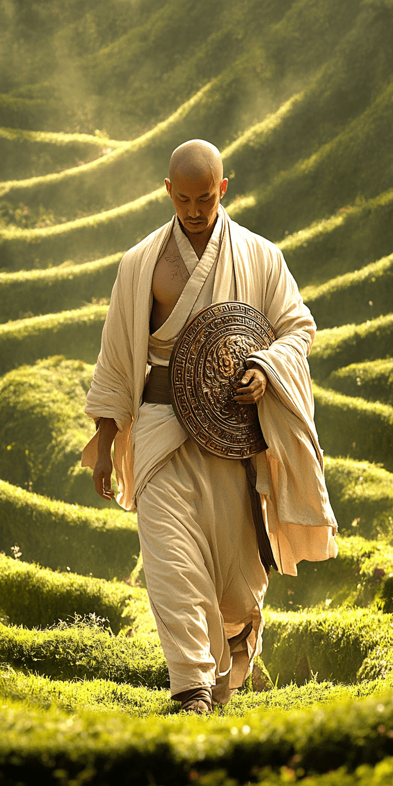 A surreal digital artwork depicting an asian man in a white hanfu walking through green hills with undulating waves of grass, creating the illusion that he is part of the natural landscape --ar 1:2 --personalize 2gwf1qc --stylize 750 --v 6. 1