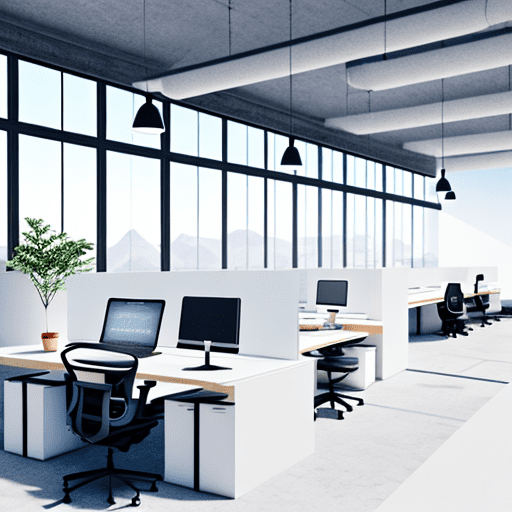 Photo of a ultra realistic co-working space , some digital nomads are seated on different dedicated and hot desks and is working, minimal , 4k , high resolution photo , white colours, elevation photo not perspective
