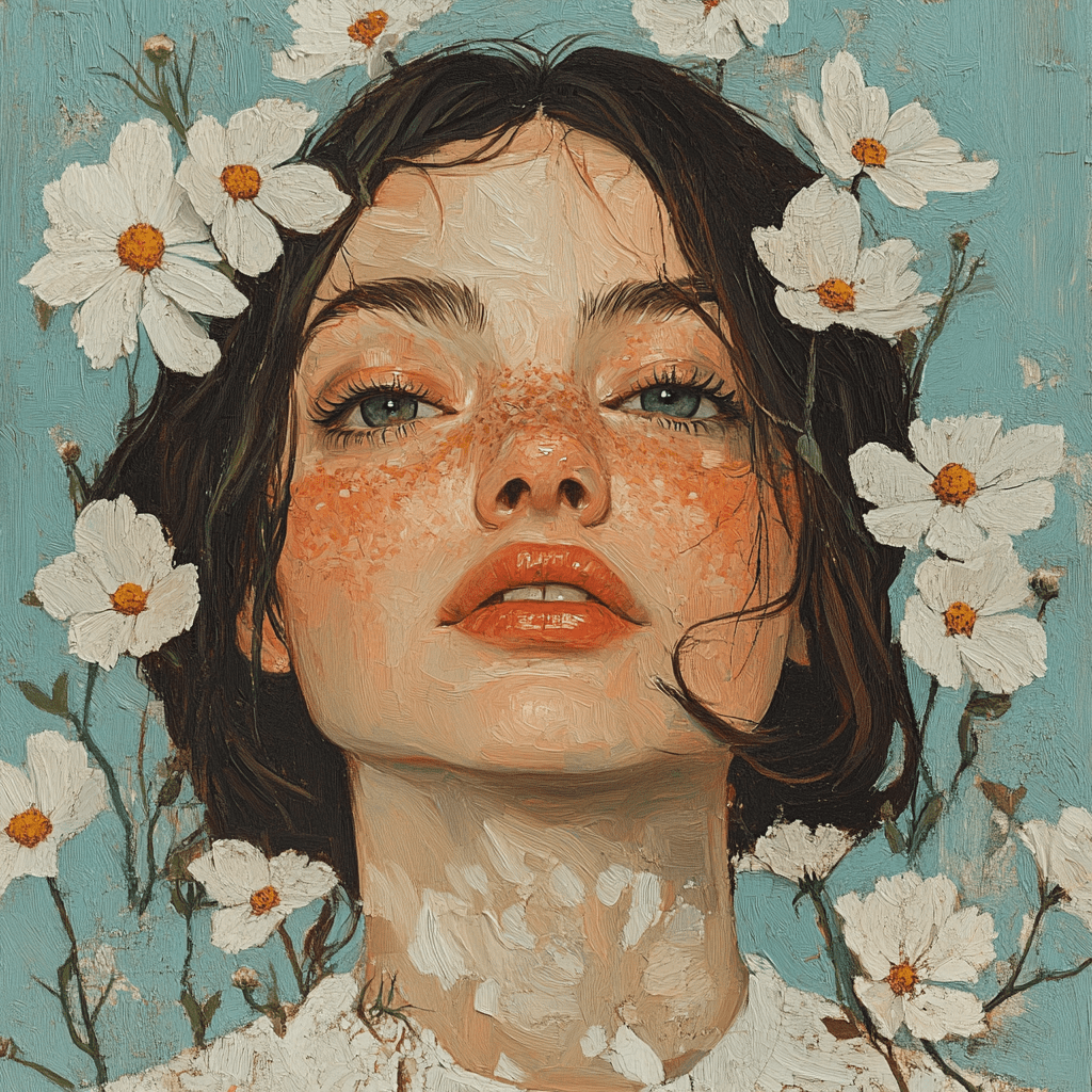 Woman with freckles with white flowers surrounding her head, oil painting --v 6. 1