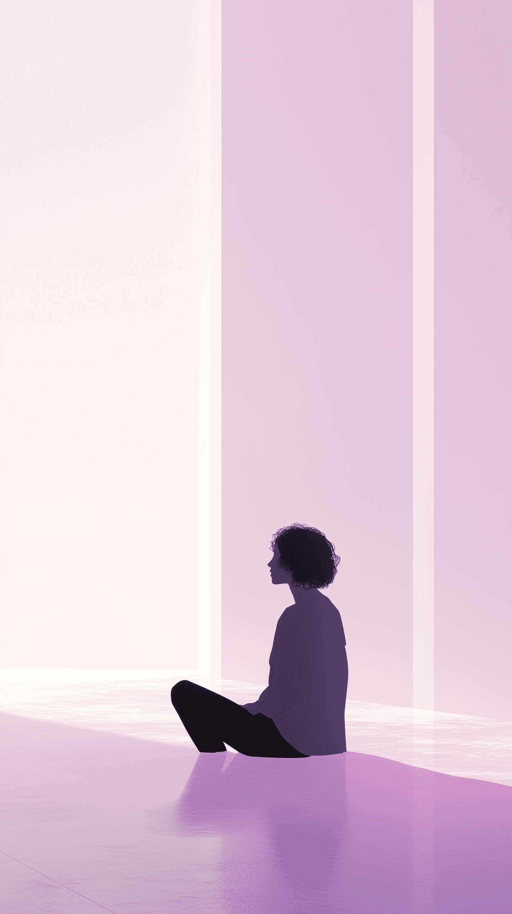 Digital illustration, contemporary, minimalist, wide, one subject, centered, wide angle, head-on, low contrast, solitary woman in silhouette, mid-thirties, dressed in a simple, modern outfit, her posture relaxed and introspective large, softly lit space with gradients of pastel violet and soft white, environment is sparse and geometry structure, emphasizing solitude and contemplation, soft gradient from warm to cool tones, creating a tranquil and ethereal atmosphere focus on the subtle interplay of light and shadow on the subject and surroundings, high resolution, focus on texture and ambient light, detailing --ar 9:16 --style raw --v 6. 1