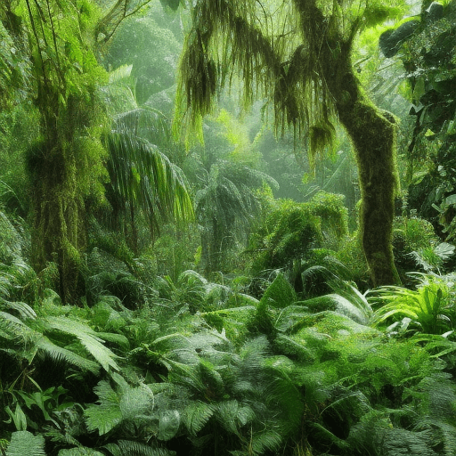 The jungle is incredibly dense with a variety of plant life, towering trees with thick trunks and sprawling canopies dominate the landscape, the underbrush is filled with ferns, vines, and exotic plants, the color palette is vibrant and dynamic deep greens of the foliage are complemented by the bright hues of flowers and fruits, sunlight filters through the canopy, casting a warm, golden glow and creating interplay of light and shadow, the jungle is interspersed with numerous water elements. Crystal-clear streams and rivers wind through the forest, while majestic waterfalls cascade down rocky cliffs, creating misty veils that add to the mystical atmosphere. Glowing plants illuminating the jungle,