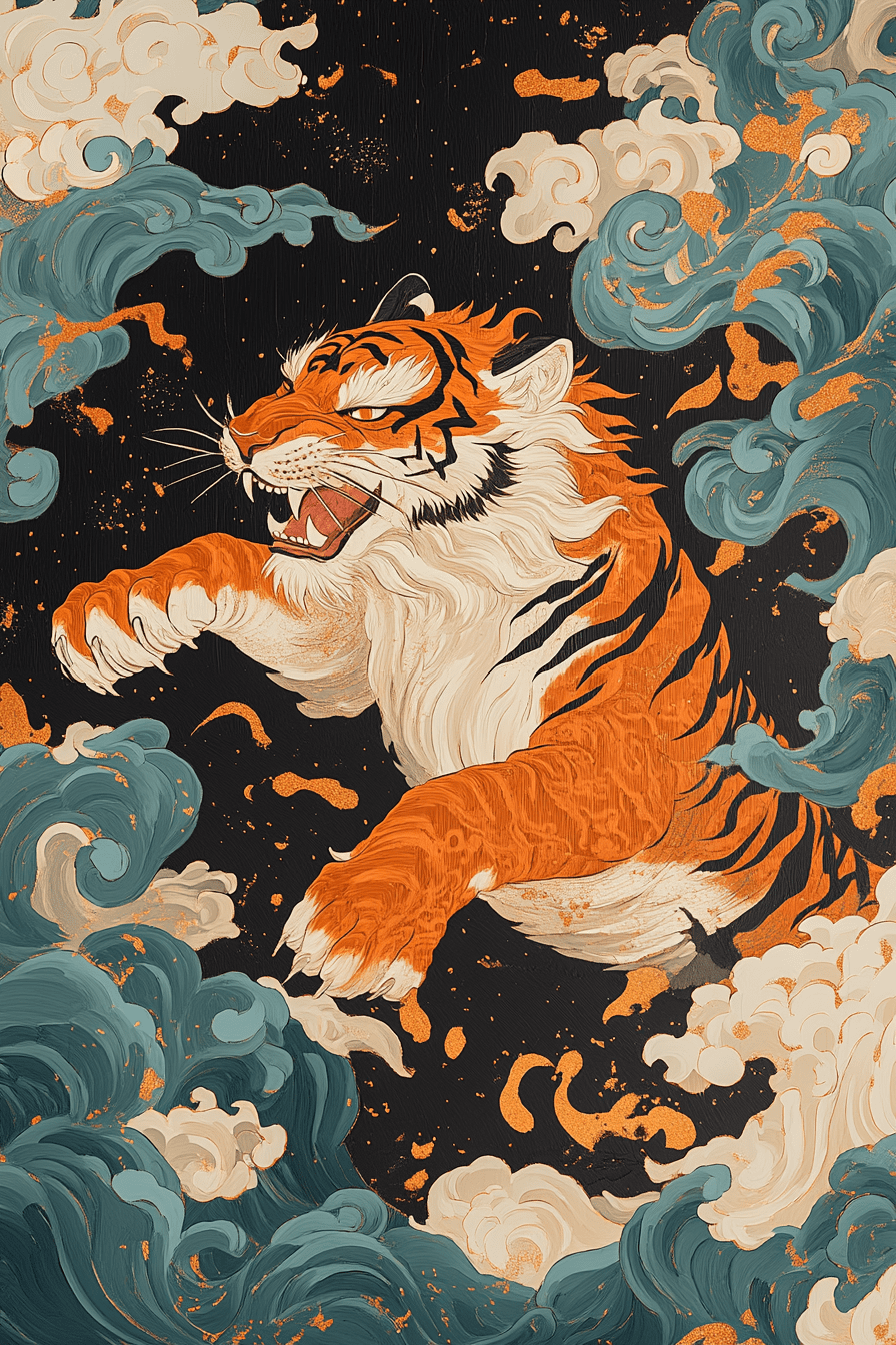 A maki-e lacquer artwork of a tiger, depicted with intricate gold and silver lines, surrounded by flowing calligraphy strokes. The deep, glossy black lacquer background with subtle gold flecks creates a luxurious contrast --chaos 20 --ar 2:3 --style raw --personalize fm84dlt --stylize 500 --v 6. 1