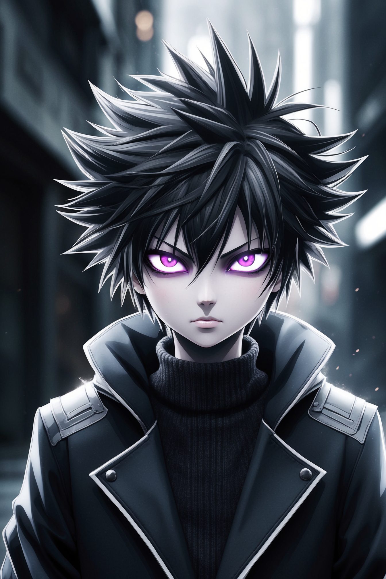Digital illustration in an anime style, featuring a young female character with spiky, tousled hair in shades of black and white. The character has glowing, intense purple eyes and a serious expression. Her skin is fair. She is wearing a black coat with silver accents. The background is a blurred urban setting with dark tones and hints of light, adding to the dramatic atmosphere of the image.