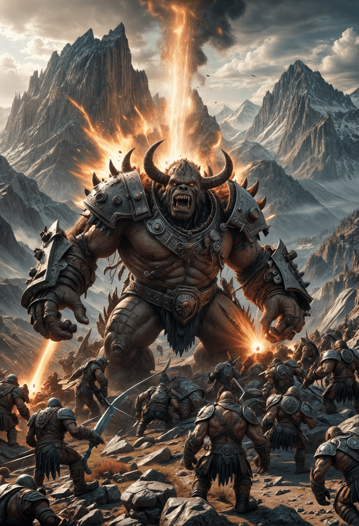 Fantasy war between orks and humans, very intricate detailed, epic view from a mountain, dynamic lights, lensflare, greg rutkowski,