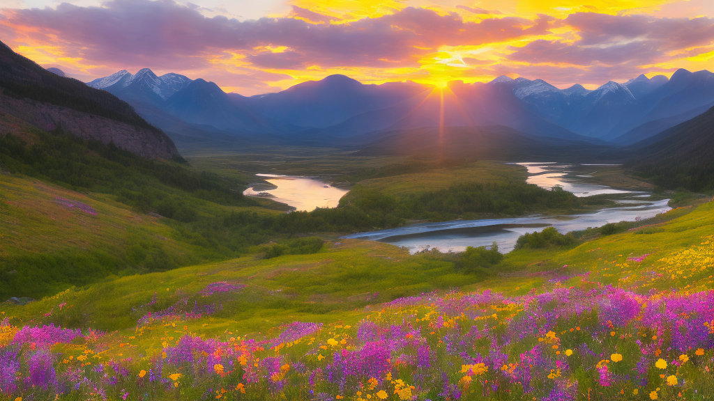 ​visualize a breathtaking mountain landscape at sunset, where the last golden rays of light reflect off a crystal-clear river winding its way through the valley. ​ in the foreground, vibrant wildflowers bloom, adding splashes of color against the earthy tones of the landscape. Silhouetted against the vivid hues of the sky, diverse wildlife, including deer and birds, roam freely, embodying the spirit of the wild. The mountain peaks are dusted with snow, providing a stark contrast to the warm colors of the sunset. This tranquil scene invites viewers to immerse themselves in the beauty of nature, evoking a sense of peace and wonder in the style of nautical surrealism, intricate compositions, ink and wash, psychedelic dreamscape, celtic art, white and gray, cubist street art --stylize 750 --v 6
