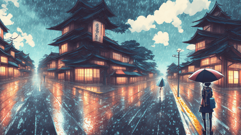 Anime style illustration, ayanokoji kiyotaka, lone vibes, rainy, school, standing in middle of the road, detailed illustration, highly detailed, high quality, anime illustration, morning, fully colored illustration, good contrast, focus on ayanokoji kiyotaka