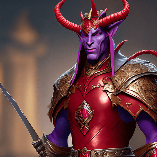 Tiefling paladin man by greg rutkowski, scarlet skin, luxury, elegant, ornate, vibrant and vivid, cinematic, unrealistic, 4 k, artstation, cgsociety, unreal engine, magical, mystical, mystifying, perplexing, zbrush, octane, hyperrealistic, bokeh, dof