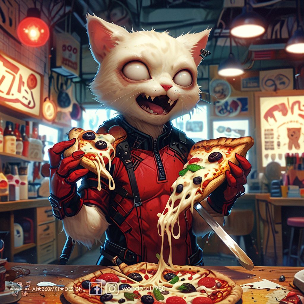 Striking visual tension and dramatic flair, ((an anthropomorphic cream cat) ), expressive, laugh, dressed as marvel characters deadpool, red and black clothes, ((white eyes) ), and two of swords on back, eating pizza, in the pizza hot store, uhd, 8k, ultra-wide, raytrace