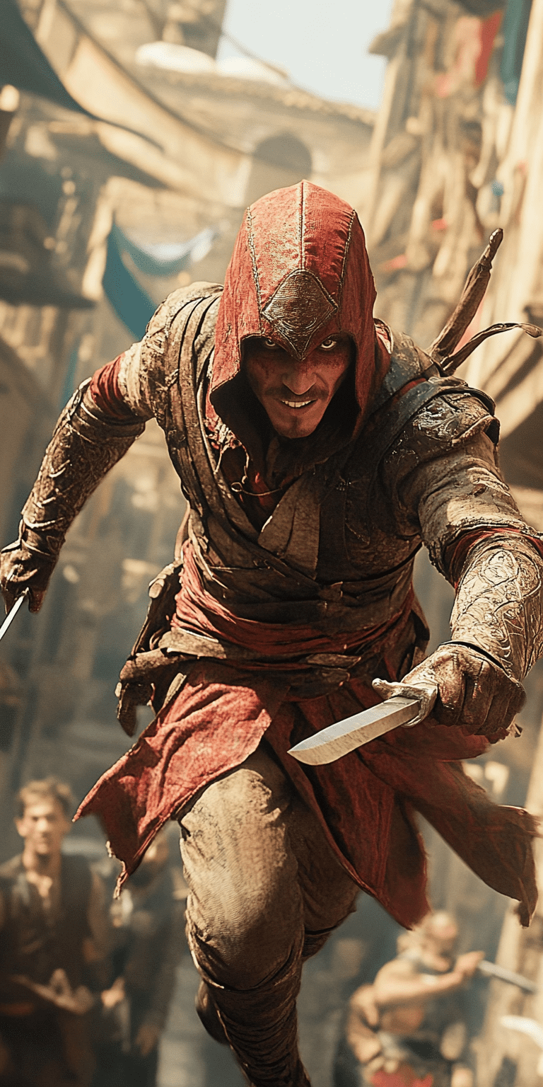 Assassin's creed action sequence, aguilar de nerha jumping from a tower, mid-flight, knives out, wide angle shot, bird's eye view, shot in uhd, extreme action, hyperrealistic --chaos 50 --ar 1:2 --personalize 2gwf1qc --stylize 750 --v 6. 1