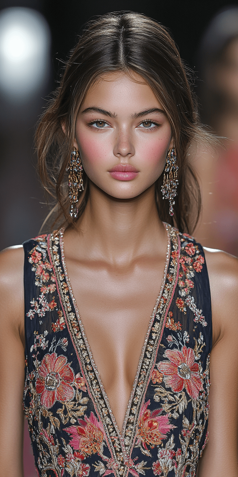 A beautiful woman wearing an exquisite embroidered dress walking in a nyc runway show, front portrait photography with high detail and beautiful skin texture, colorful embroidery is colorful, detailed design, delicate flowers, light pink and gold colors, slender figure body shape, clear facial features --ar 1:2 --stylize 750 --v 6. 1