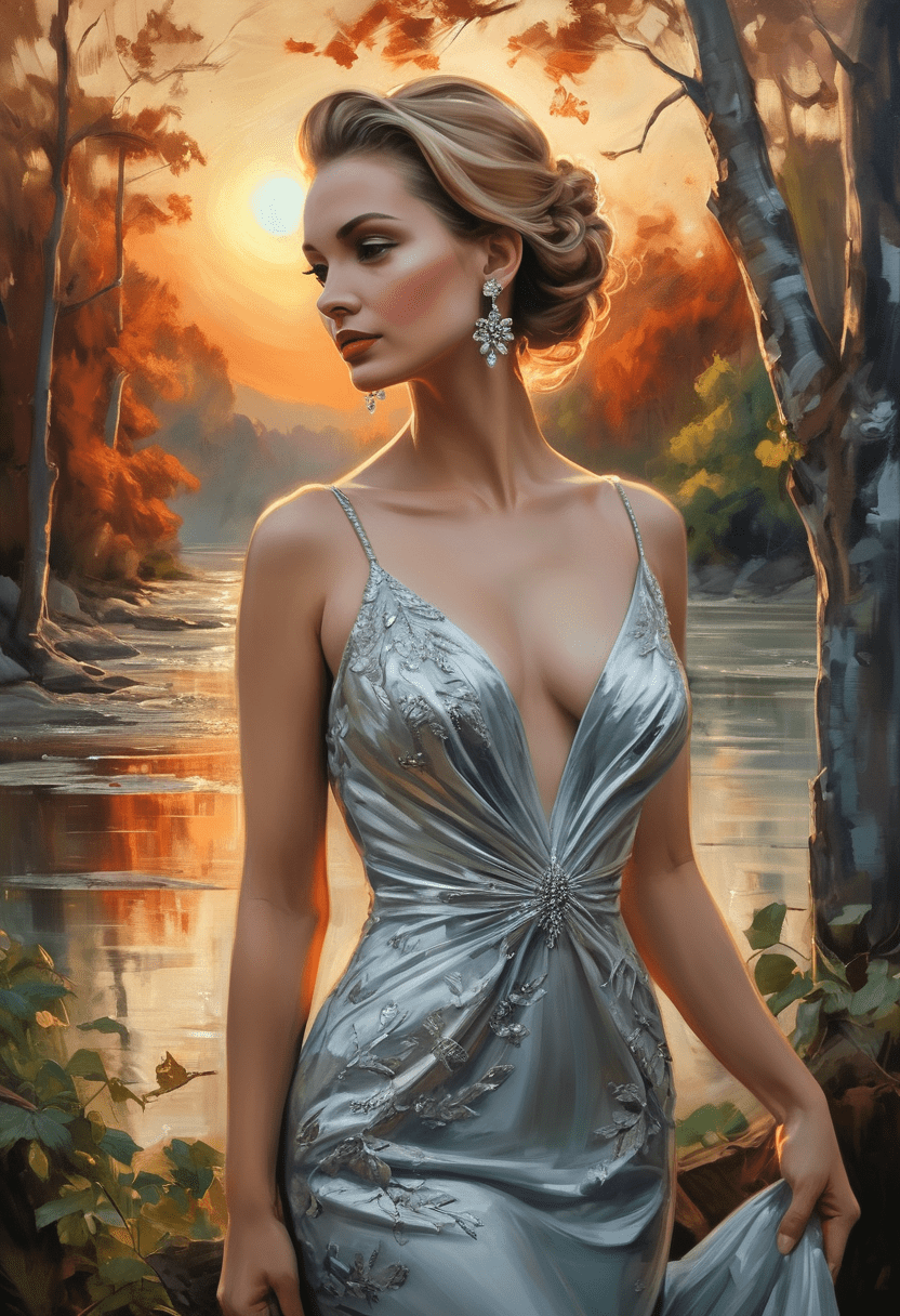 Amazingly beautiful woman, oil painting, highly detailed luxurious dress, plunging neckline, hair pulled back, silver necklace with a small pendant, diamond earrings, standing on a riverbank, sunset, trees, foliage, masterpiece, hdr, 8k