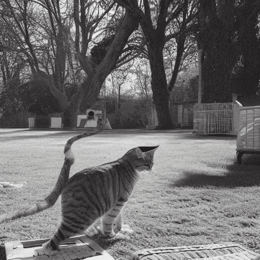 Photo of a ultra realistic a beautiful tabby cat playing in the park with a scratching post of various heights on a sunny day and in the distance you can see the shadows of many pets and people in an amazing horizont sunsetg with various pet toys in a pet playground