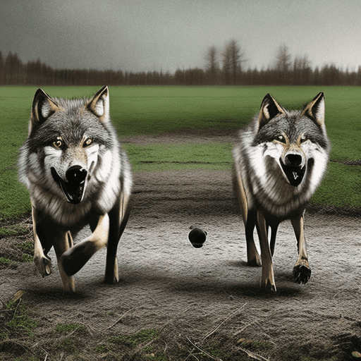 Create a image of 3 wolfes walking through a complated abandoned soccer field