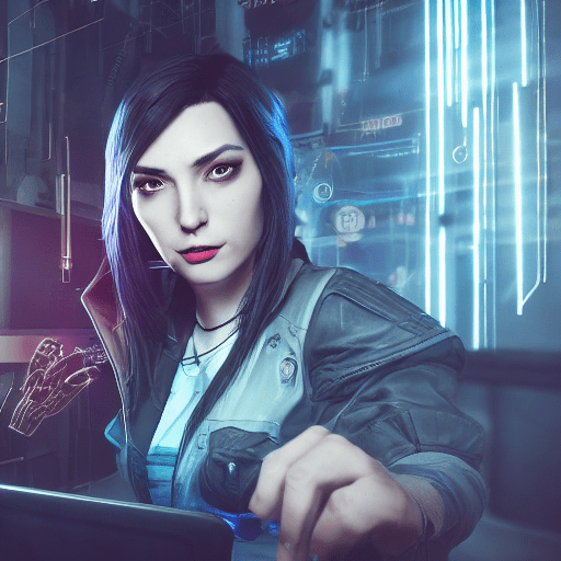 A close up portrait of an inspired female cyberpunk biohacker working at her desk, artgerm, volumetric atmosphere, best quality, sharp focus, cgsociety, beautiful face, pretty hands, highres, vibrant, neon, borderlands, intricate, insanely detailed, breathtaking, precise lineart, comprehensive cinematic, max detail, 4k uhd, digital art, keyvisual, award winning, trending on artstation, pretty female eyes