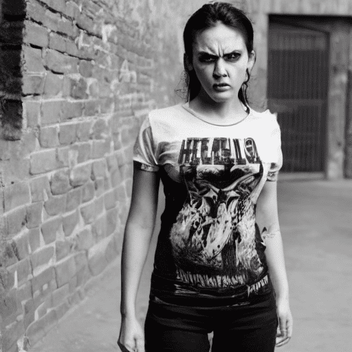 Photo of helena from hellonearth with angry face, using death t-shirt