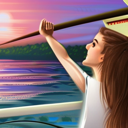 Girl, brown hair, white t-shirt, long wave hair, look at view, sunset on the beach, ship, palm, realistic, clear water