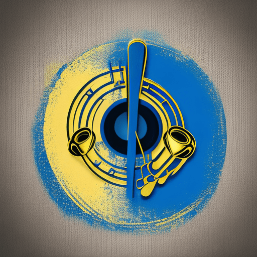 Design a modern and elegant logo for a music production and event distribution company. The logo should incorporate musical elements such as notes or a microphone, blended with event symbols like a stage or speakers. Use a vibrant and professional color palette, such as electric blue and gold, to convey energy and creativity.