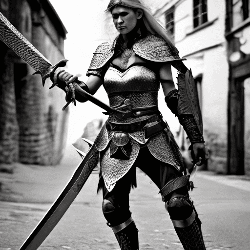 Elf, warrior woman in chainmail armor wielding a sword. She is a fierce warrior on the battlefield, street photography, low angle, natural lighting --no mutations, bad anatomy, bad hands --s 658 --ar 1:2 --v 6. 0