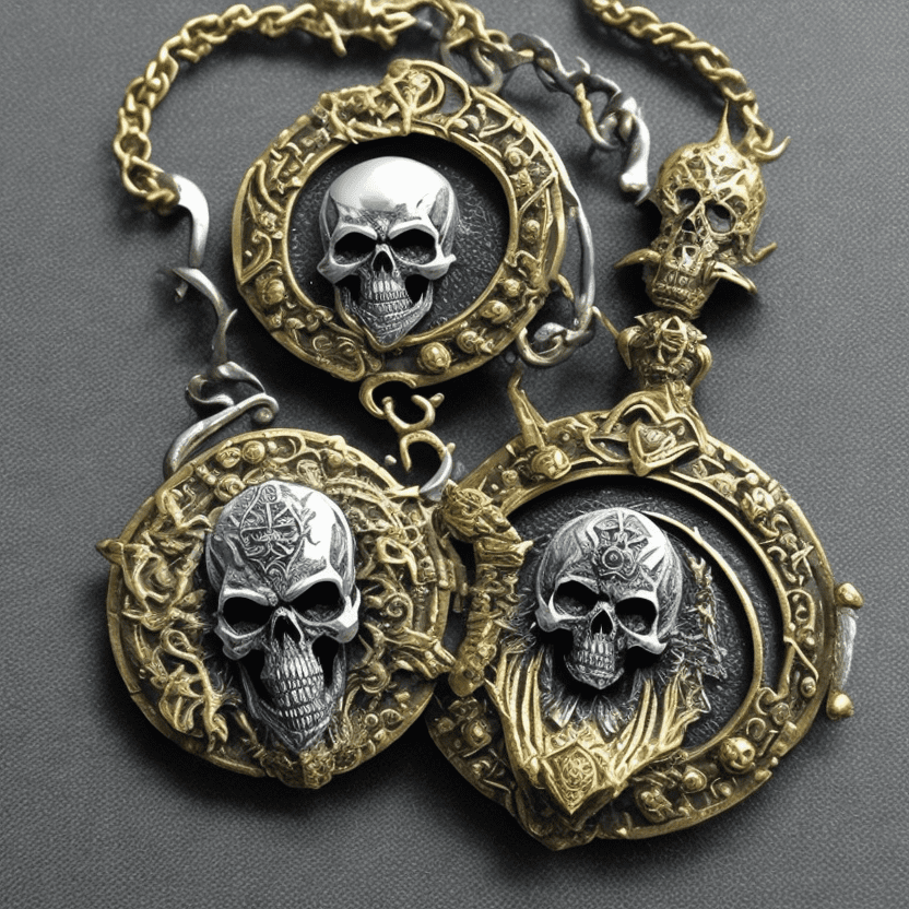 Photo of a black and silver medallion from warhammer fantasy, with the ice queen skull, wich is an human skull, with ukranian motives in gold. In the style of warhammer second edition.