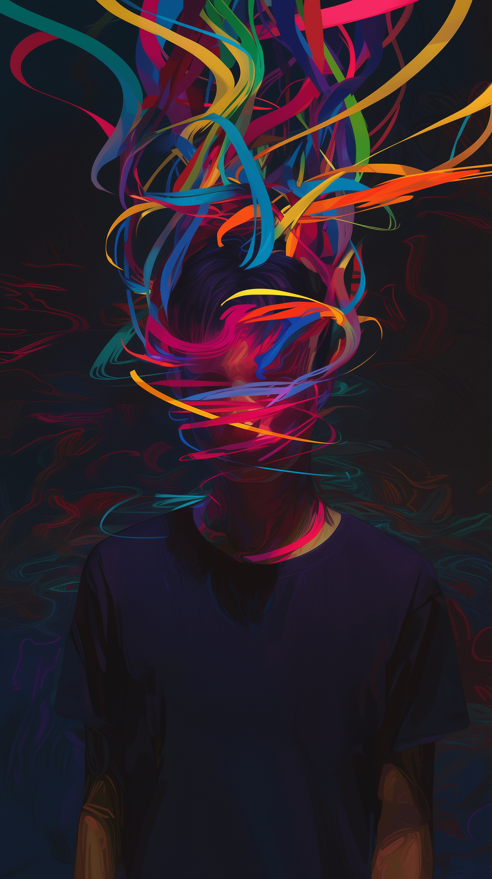 Digital art, portrait male figure, flat color, straight-on, focus on the upper body, whirl of abstract, neon-colored head area, dark background, brightly colored with contrasting shadows to emphasize the colorful, abstract, high saturation --ar 9:16 --style raw --niji 6