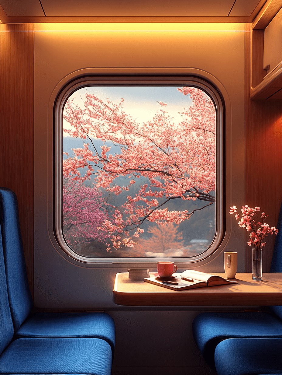 A train car with an airplane window, blue seats and pink cherry blossoms outside the window. There is also a small table on which there is a coffee cup and book. The interior of a modern plane cabin with warm lighting. Minimalist style. High resolution. --ar 3:4 --stylize 1000 --v 6. 1
