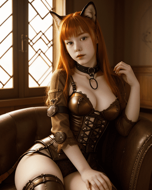 (warm glow) (close portrait) ginger kitsune girl wearing thick bdsm collar on chaise lounge, steampunk