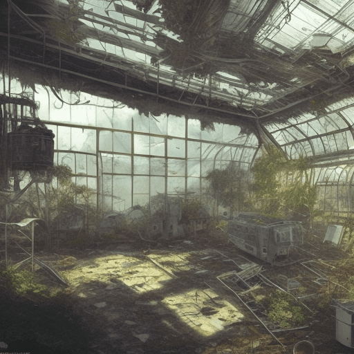 The richly detailed interior of an abandoned space station, a broken robot, an overgrown greenhouse, shadows in the lighting, a venetian mask on the floor