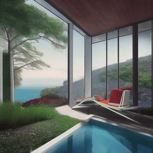 Hyper realistic eye level exterior photo of a mid century modern style house overlooking the ocean, daylight, indirect lighting, ad magazine, frank lloyd, eames, mies van der rohe, anime style