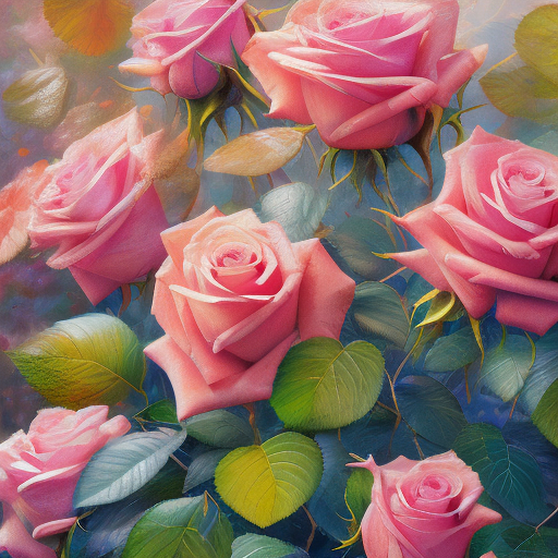 Oil painting of roses in full bloom, close-up, vibrant hues, textural contrasts, organic motion, visible brushwork, sunlight filtering through leaves, gallery display, evokes primal environmental connection, ultra-clear, dramatic lighting, vivid colors, intended as wall art, masterpiece-worthy.