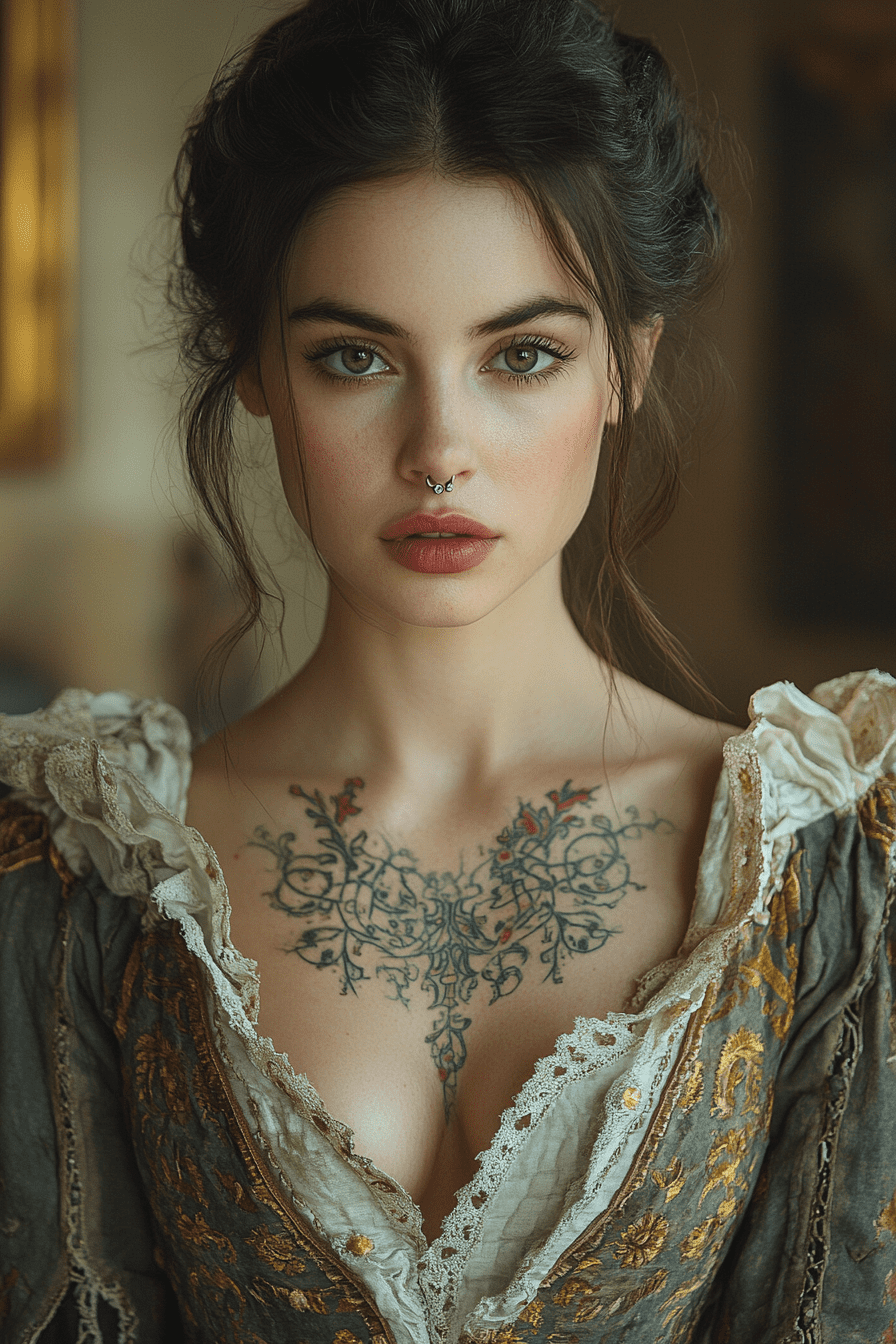 A noble woman from the middle ages, elegantly dressed in a luxurious gown with a deep v-neck, revealing a striking and intricate tattoo across her chest. She is wearing a lip ring and a nose ring. Her attire is adorned with rich fabrics and elaborate embroidery, reflecting her high status and wealth. The tattoo, a bold and unexpected contrast to her otherwise traditional appearance, is composed of intricate patterns and symbols that suggest a hidden story or connection to ancient traditions. She stands in a grand, dimly lit medieval hall, with stone walls and tapestries in the background, her expression a mix of strength and mystery. The scene captures the essence of medieval nobility, blended with an edgy and rebellious twist --ar 2:3 --stylize 750 --v 6. 1