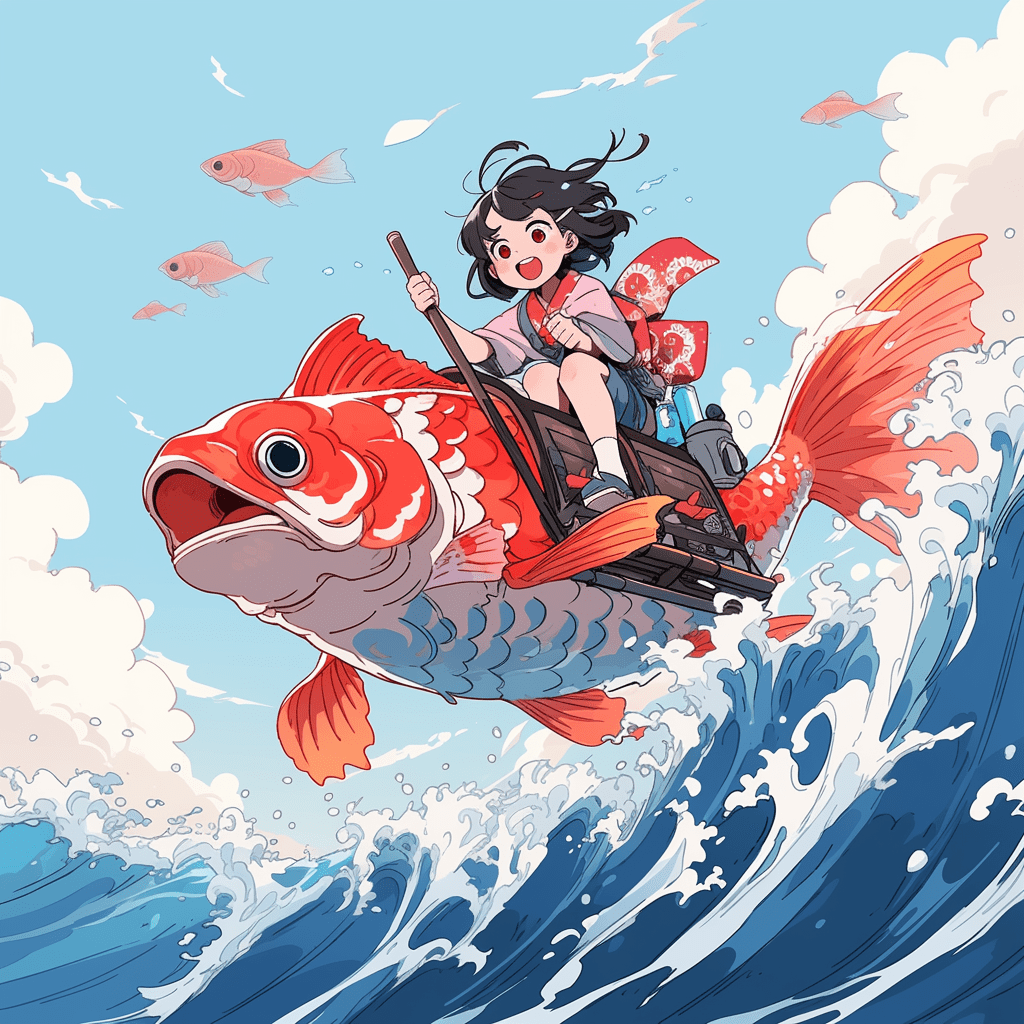 A cartoon of a girl riding a koi fish, in the style of he jiaying, comic/cartoon, ocean academia, cartoon mis-en-scene, fang lijun, sky-blue and red --niji 5