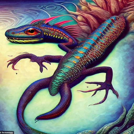 A surreal, intricate, salamander and dragon mixture creature, triadic colours, scales from bottom to top, having two large, sharp and edgy, beautiful wings, and a very long mermaid like tale, able to swim and also to fly, very detailed, high quality, fantasy art, surrealism