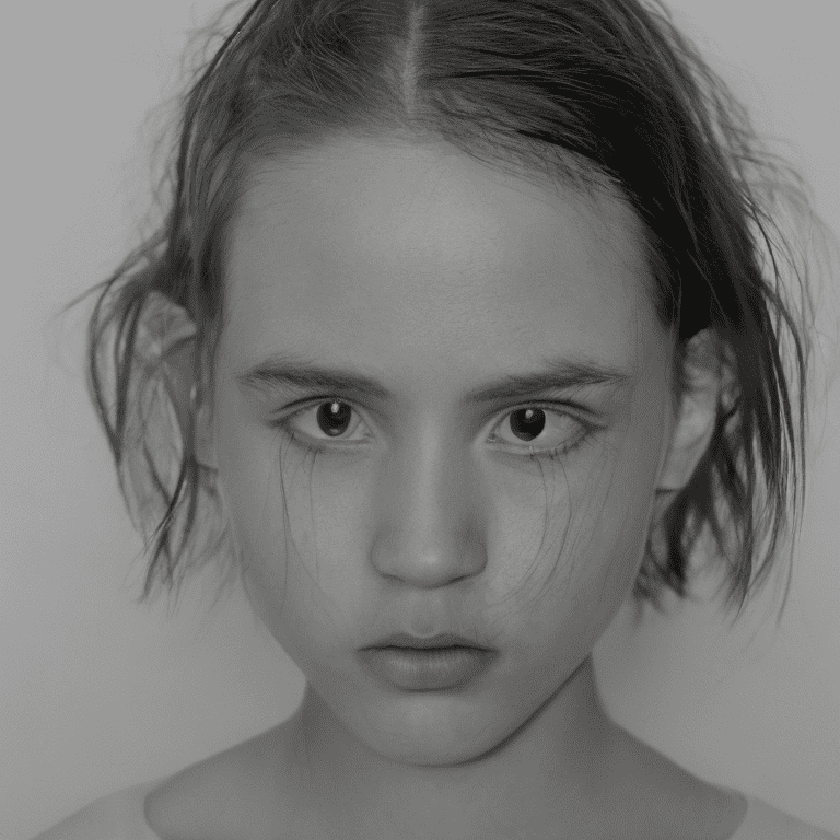 Raw photo, a girl. Thin lips. Grimace face. Highly detailed face. White background. White tshirt. Brown eyes. Brown hair. Grimace face. Her skin is imperfect with blemishes and uneven texture. Her expression seems tired or strained, creating a stark and unrefined look. Skin imperfections, (facial wrinkles:1. 1) , (skin texture:1. 2) , (wrinkles:1. 1) , (realistic:1. 5)