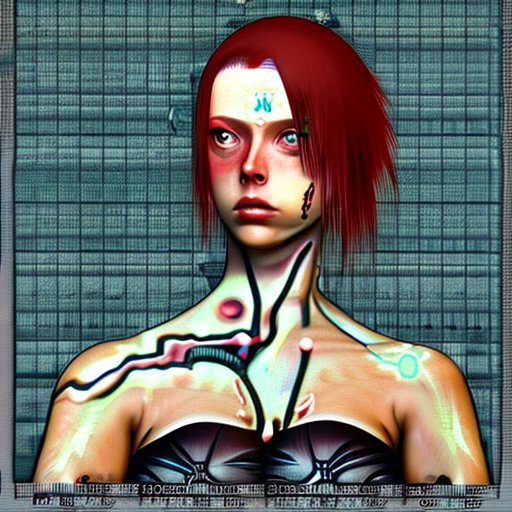 Ghost in the shell with tattoos, full body, full of sin, perfect body, red, perfect face, intricately detailed beautiful face, supermodel, fantasy, photorealistic, photorealism, trending on artstation, cute big circular reflective eyes