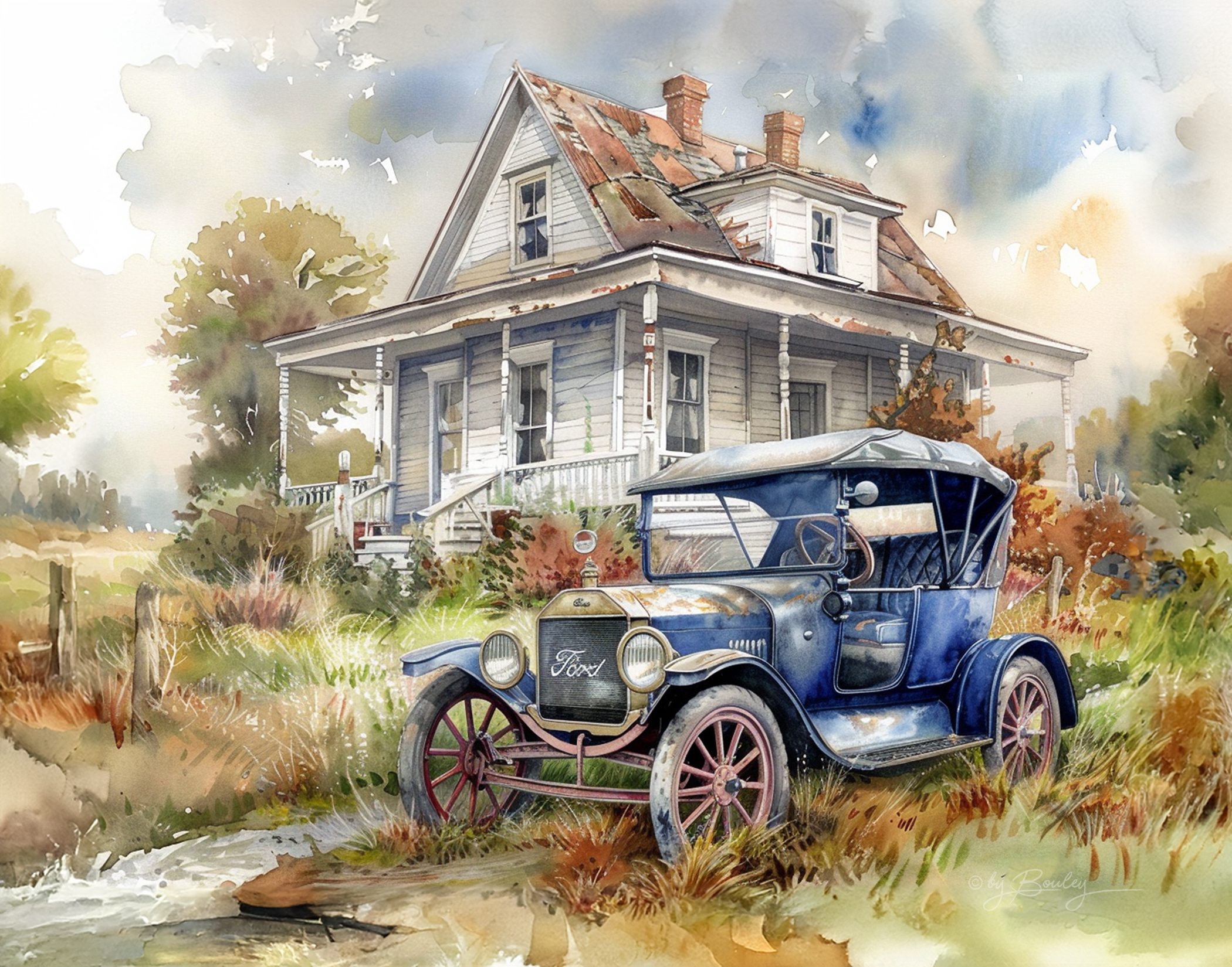 Vintage ford model t car in front of an old farm house, watercolor, clean edges, --ar 5:4 --personalize 7r1axp8 --stylize 250 --v 6