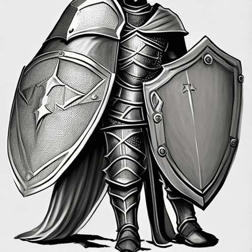Pencil drawing of a knight with shield and cloak, in the style of fantasy adventure, majestic coloring --ar 1:2 --style raw --stylize 750