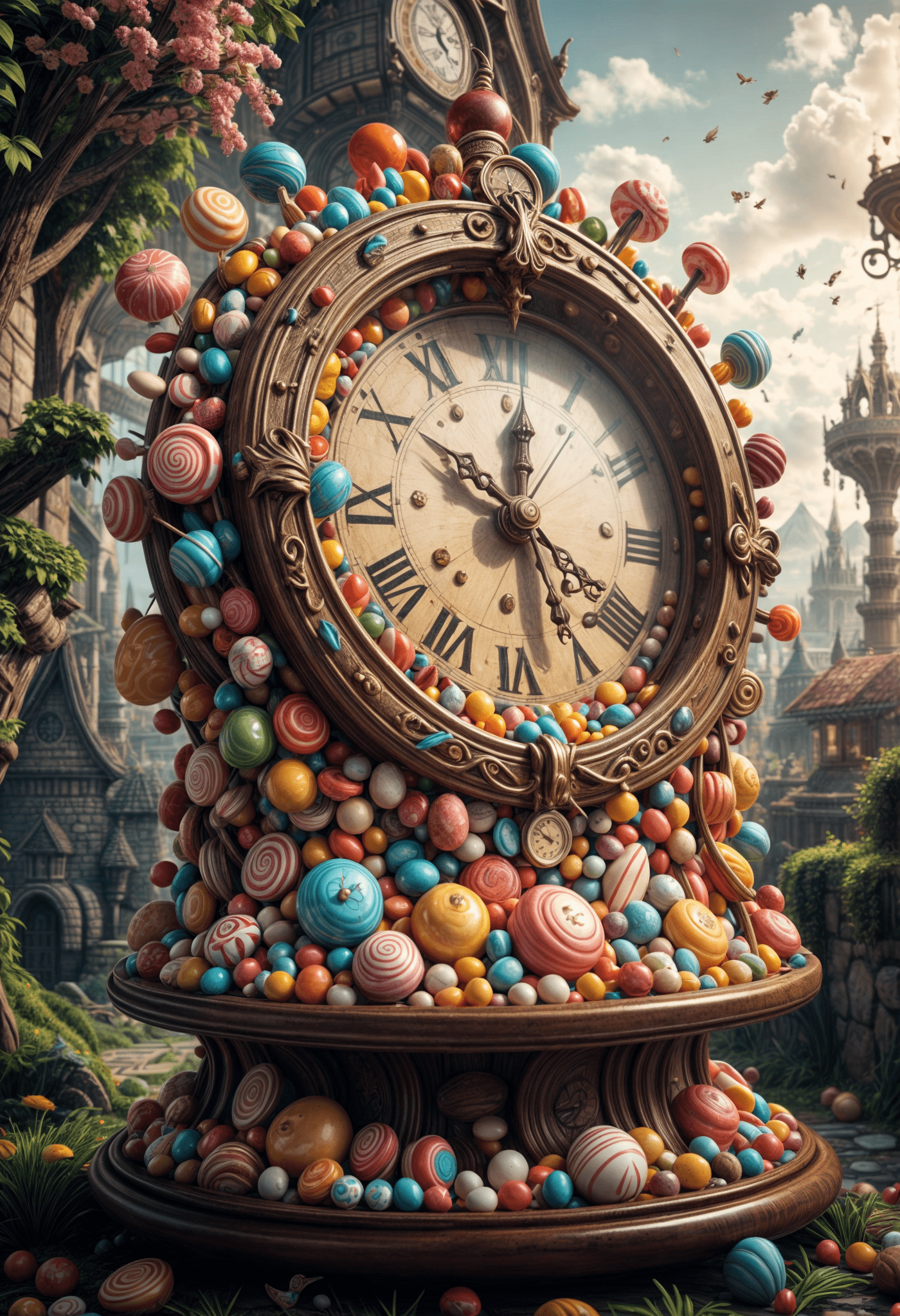 Surealism clock of candies, in a fantasy world