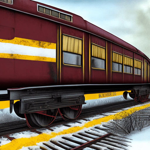 Hyper realistic side view of an old train carriage with rivets, maroon in colour, with two windows, a black roof and the words lapland express between two yellow stripes