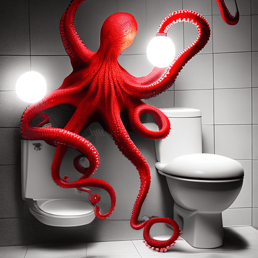 Red octopus ::1 reading the newspaper sit on a toilet, white lights, white tones, white wall, mirror behind, led lights, glow lights, hyper-realistic, photo realistic, cinematic lighting, highly detailed --no dark tones --ar 2:3 --v 4