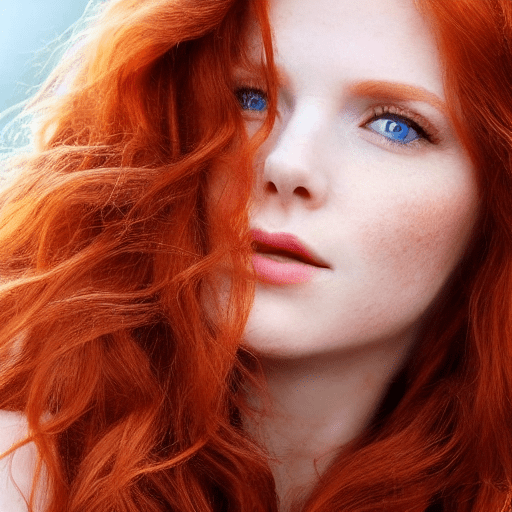 A close-up portrait of a stunning redhead woman, her fiery hair cascading in loose waves around her face. She has striking blue eyes that capture the light, giving them a mesmerizing sparkle. Her fair skin is flawless, with a natural, rosy complexion that adds to her ethereal beauty. She wears a simple yet elegant emerald green dress that perfectly complements her hair and eyes. The background is softly blurred, focusing all attention on her captivating features. The lighting is gentle and warm, creating a soft, inviting glow that enhances her natural allure. This image exudes grace and elegance, with a hint of mystique, making it an unforgettable portrait.