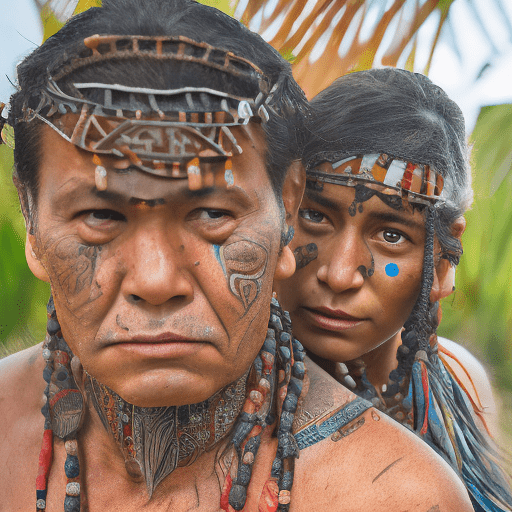 Steve mccurry portrait, maori couple, new zealand, vibrant colors, traditional ta moko facial tattoos, piercing gazes, cultural authenticity, dramatic natural lighting, emotional depth, environmental portrait, rich textures, traditional maori clothing, greenstone jewelry, native forest or beach background, intimate perspective, 35mm film look, tack-sharp focus on eyes, rule of thirds composition, weathered faces, storytelling through image, golden hour light, cultural pride, powerful presence