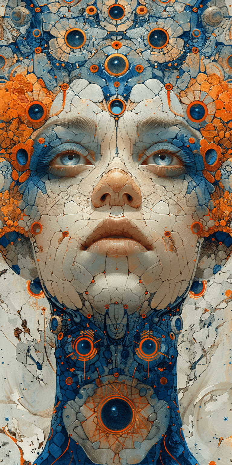 Alien cyborg art and illustration by theo el, in the style of balanced symmetry, light orange and cyan, detailed facial features, manticore, organic forms, muted tones, meticulous portraiture, complex patterns --ar 1:2 --stylize 750 --v 6. 0